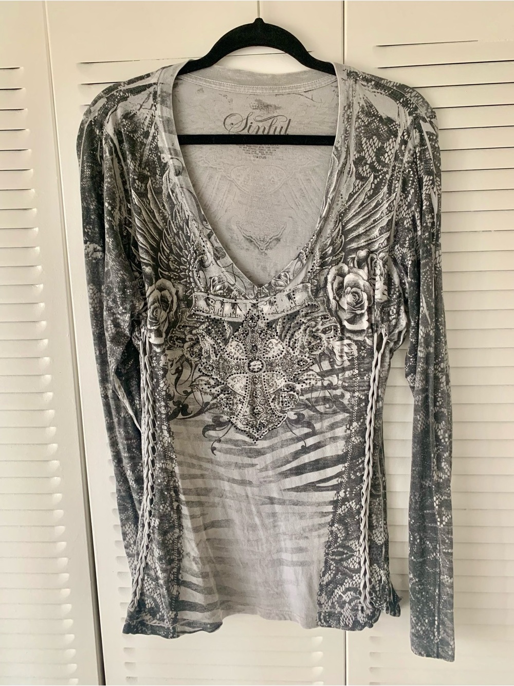 Sinful by Affliction Long Sleeve Black & Gray Lace & Animal Print Braid Detail